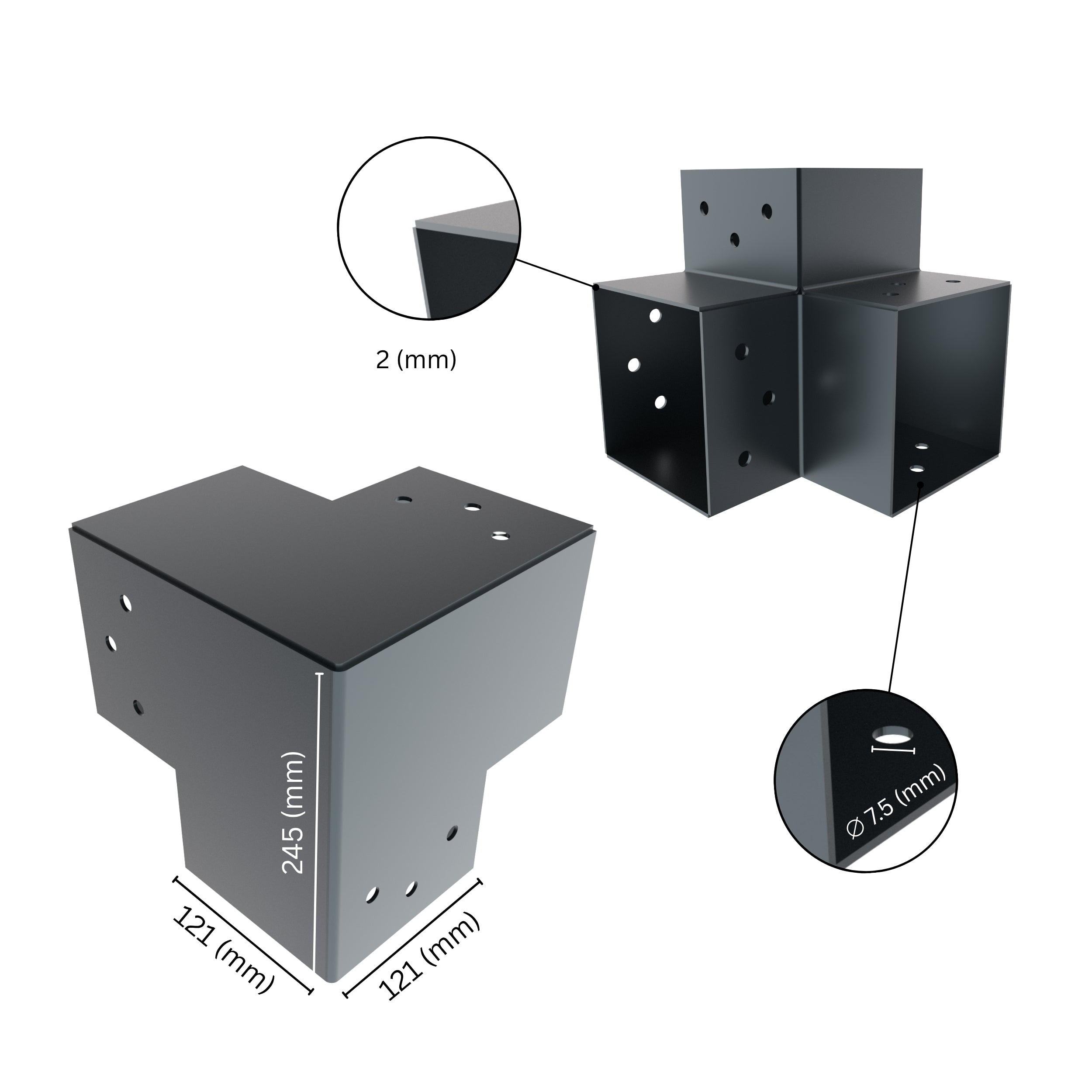 3 way post connector Y shaped showing labeled dimensions, bracket size, length and thickness.