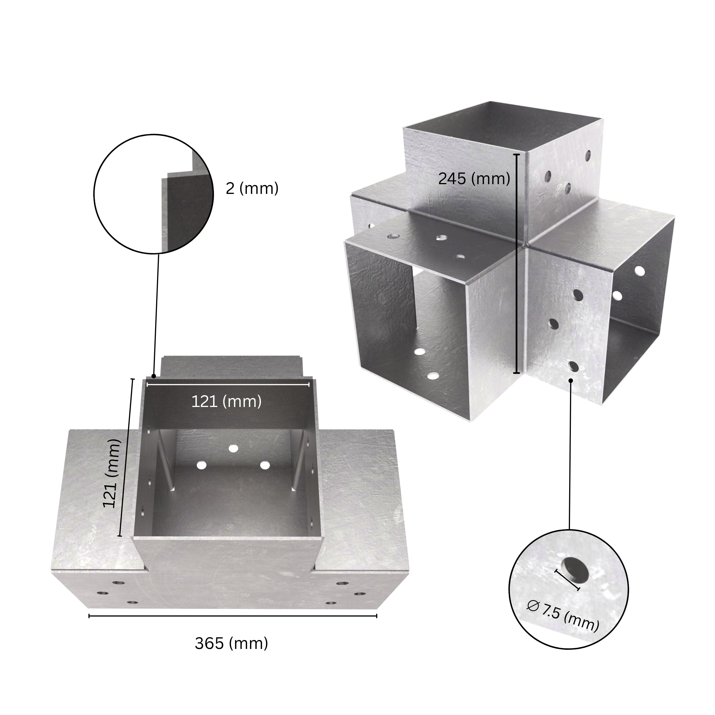 4 way post connector X shaped showing labeled dimensions, bracket size, length and thickness.