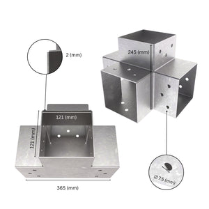 4 way post connector X shaped showing labeled dimensions, bracket size, length and thickness.
