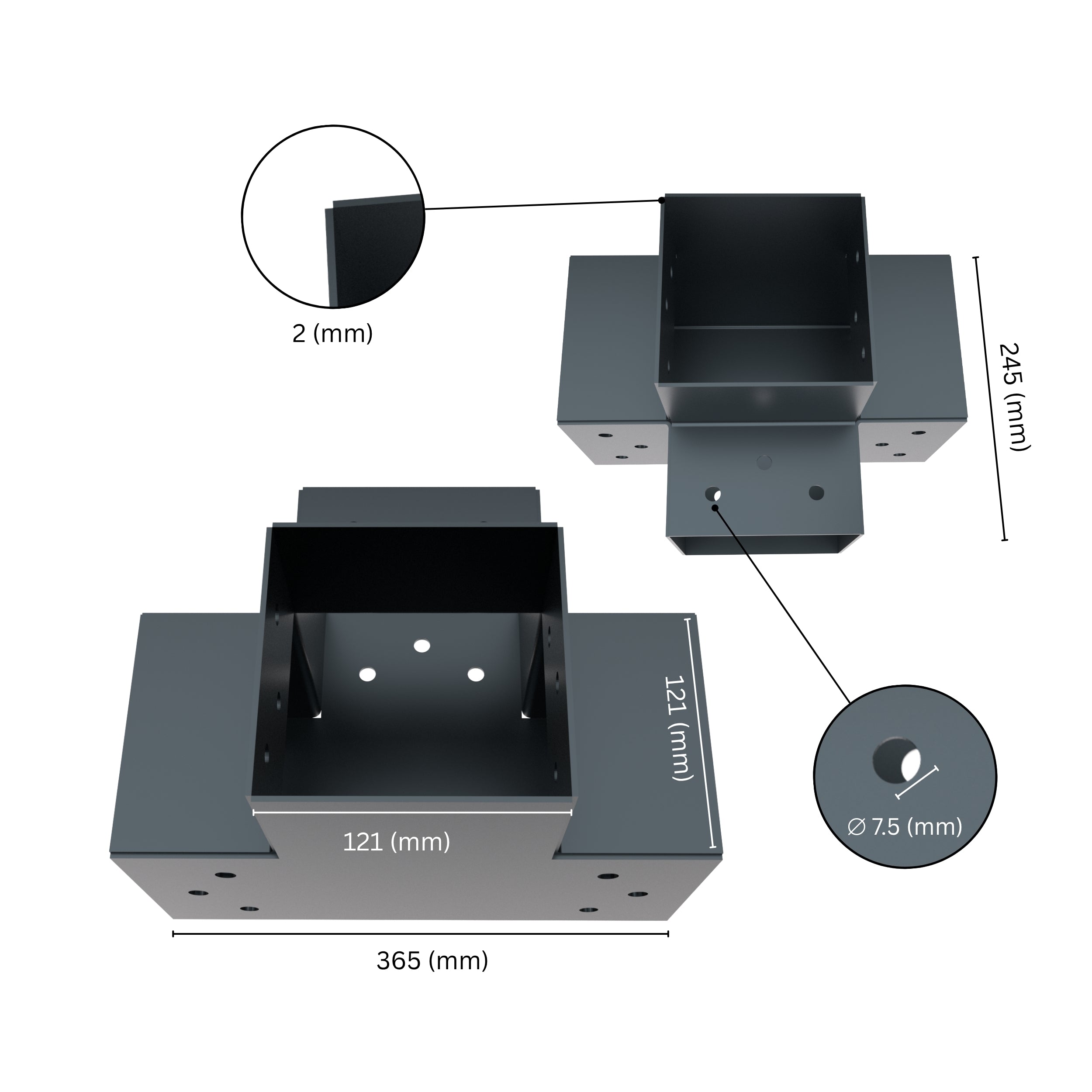 4 way post connector X shaped showing labeled dimensions, bracket size, length and thickness.