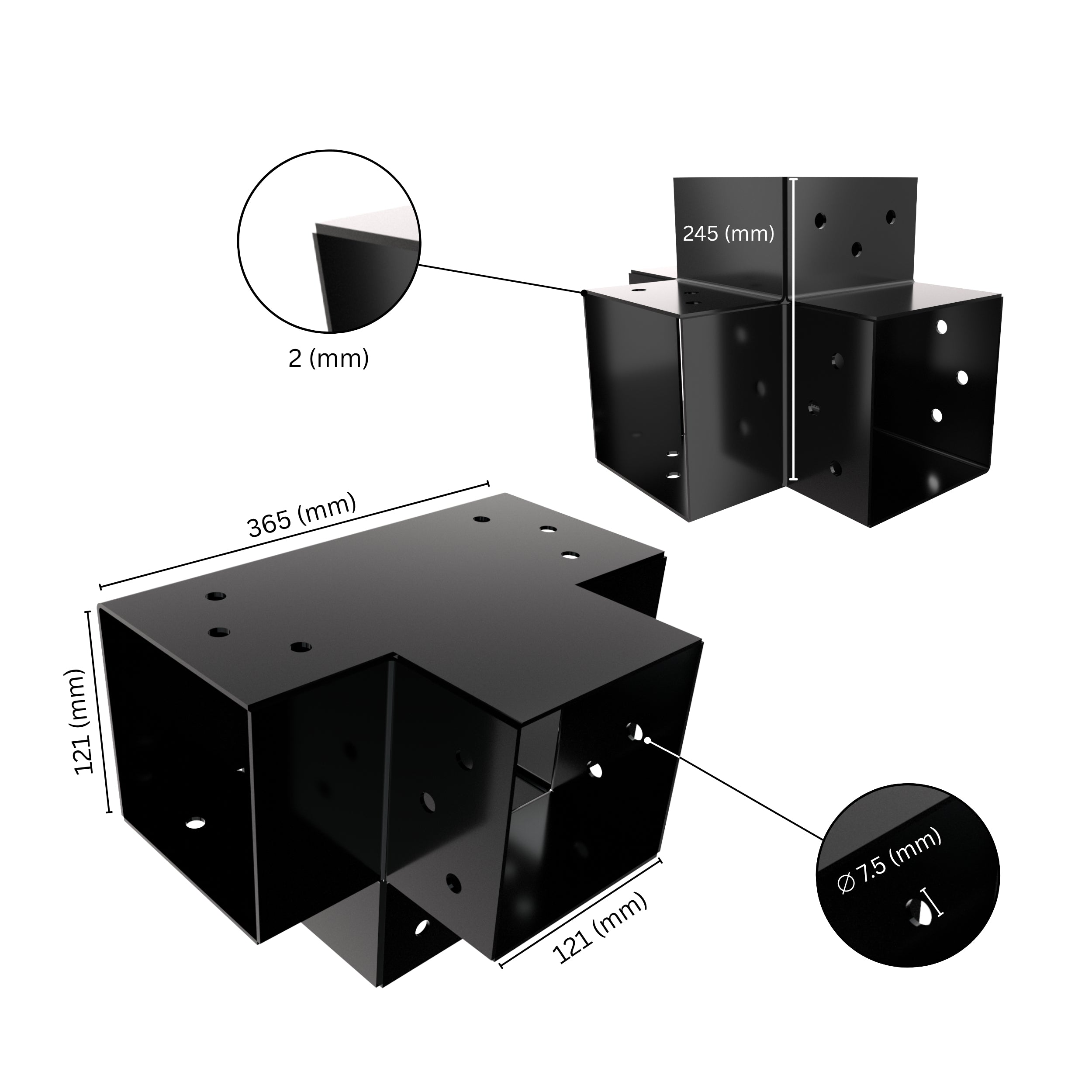 4 way post connector X shaped showing labeled dimensions, bracket size, length and thickness.