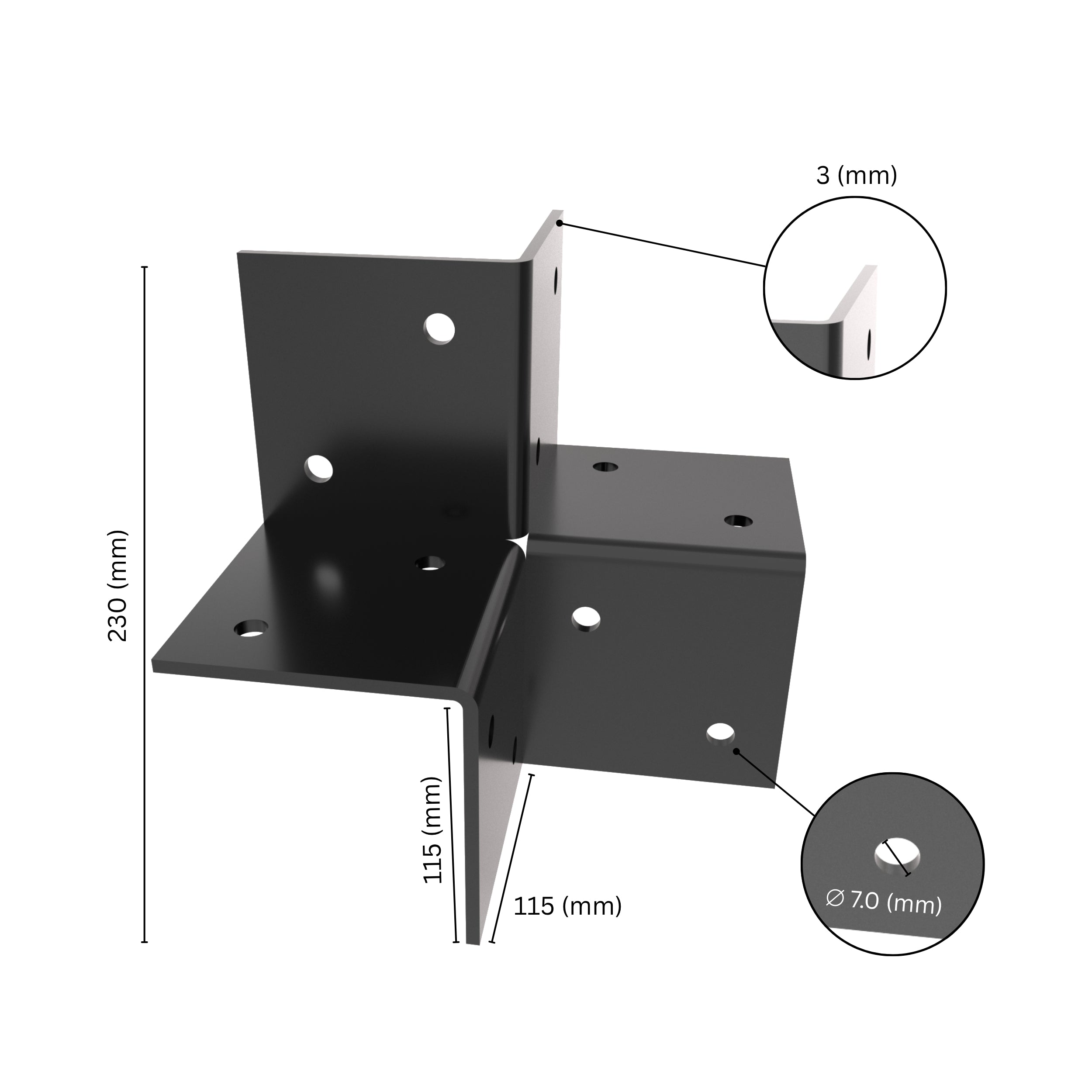  3-way open pergola corner connector bracket with labeled dimensions.