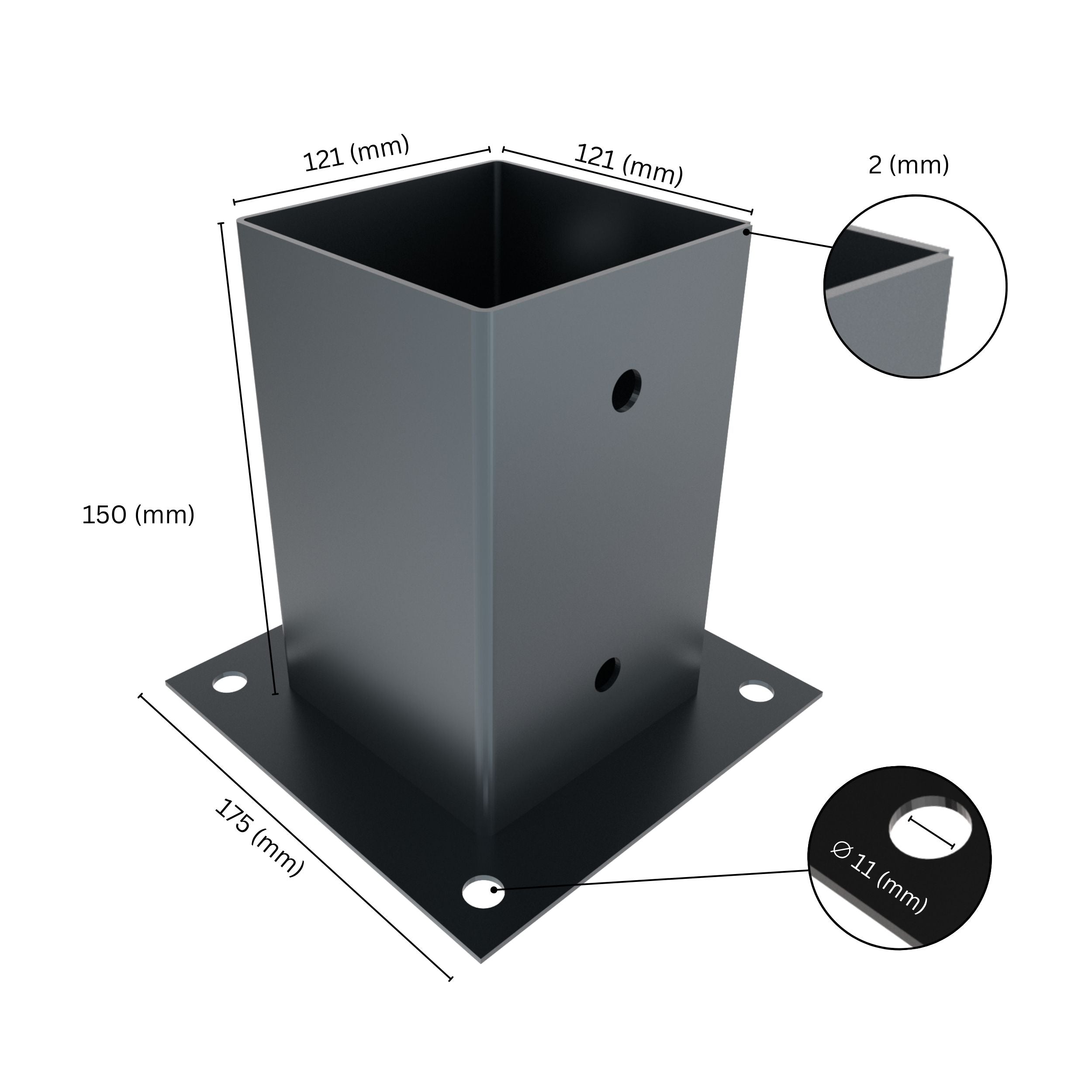 Square post base bracket with labeled dimensions showing bracket size, height, base plate width.
