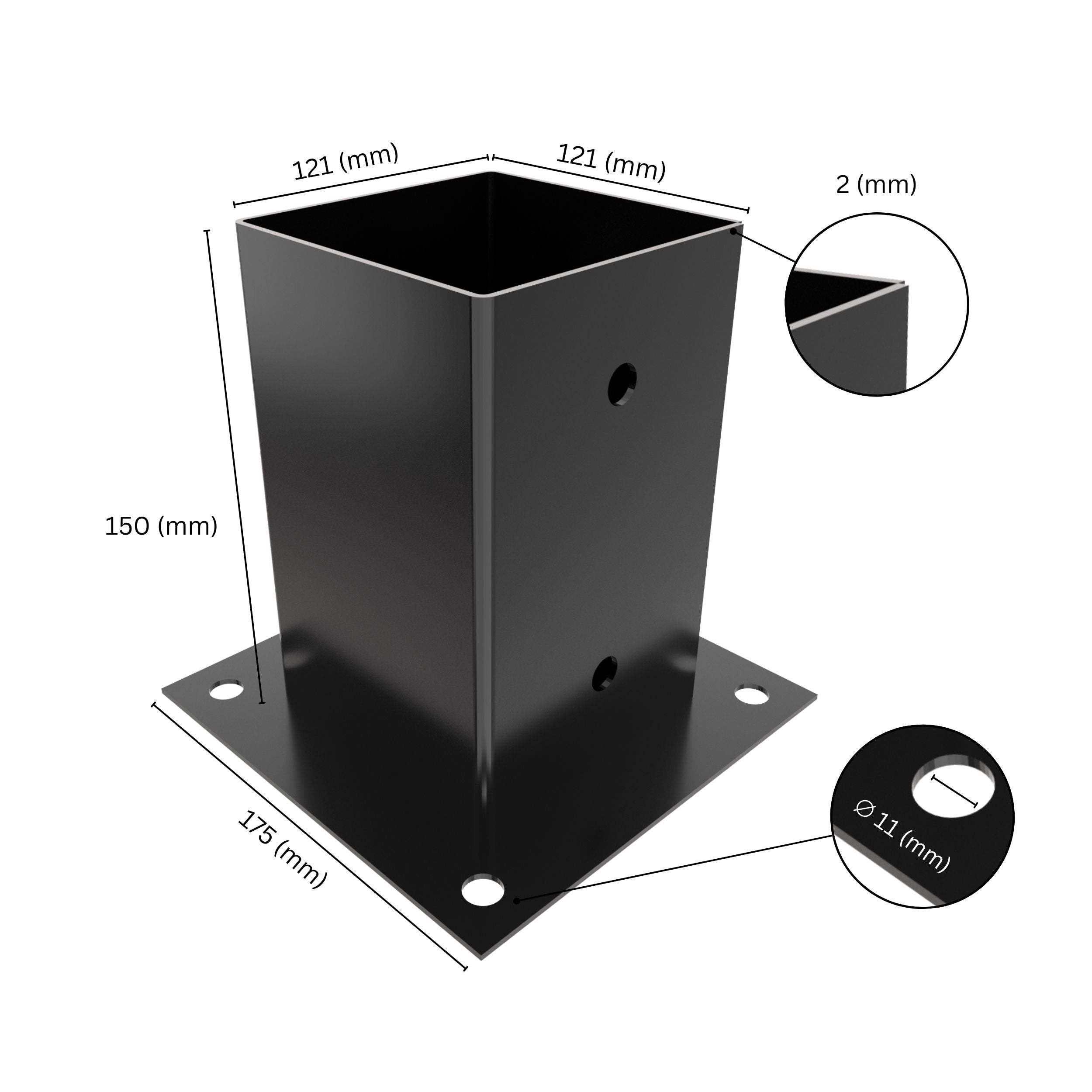 Square post base bracket with labeled dimensions showing bracket size, height, base plate width.