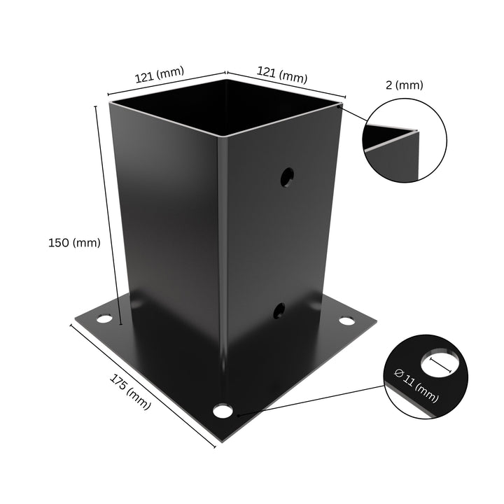 Square post base bracket with labeled dimensions showing bracket size, height, base plate width.