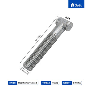 Scaffold T-bolt dimensions: M14 thread, 82 mm long, hot-dip galvanised, 0.102 kg
