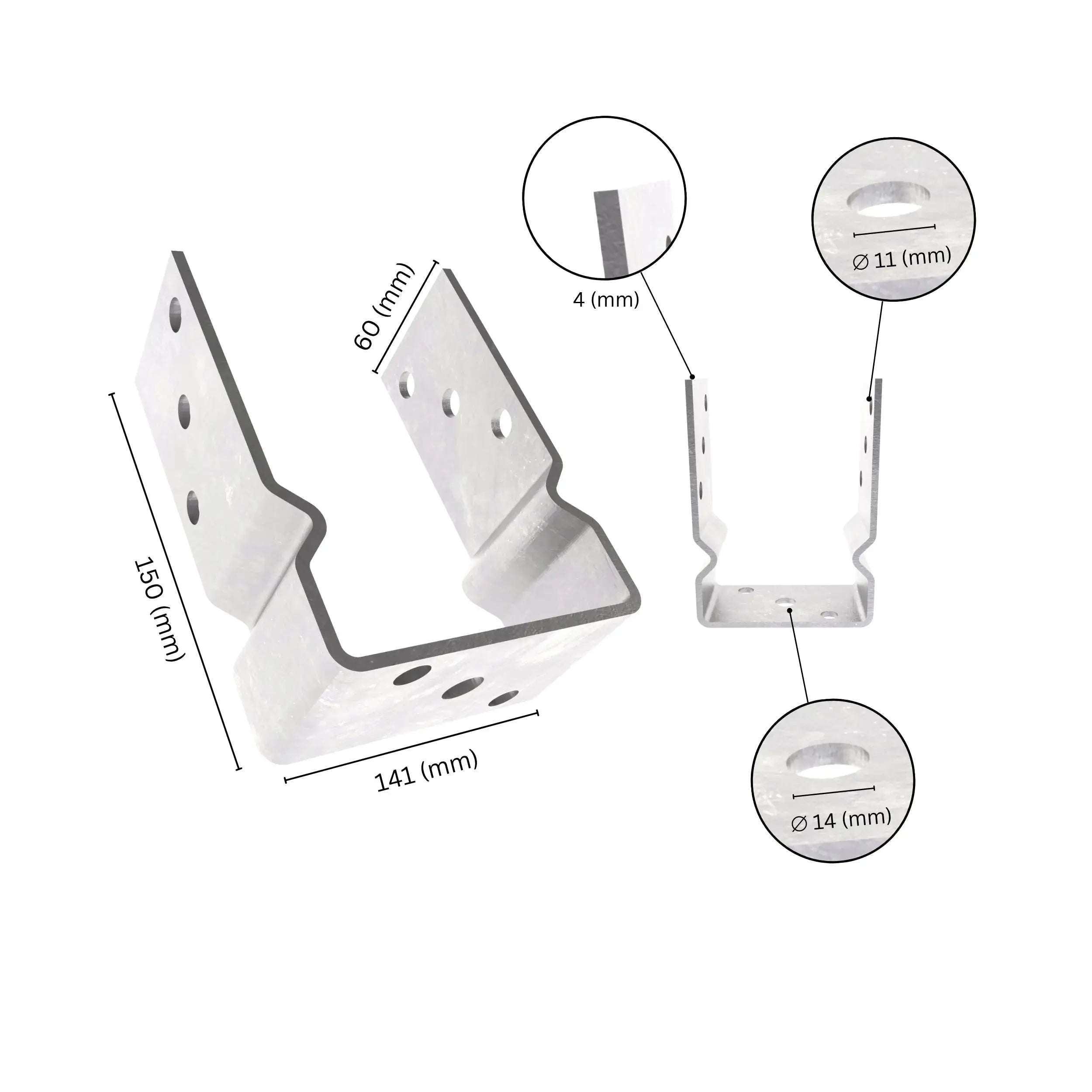 U shape post support fence foot base bracket with labeled dimensions. 