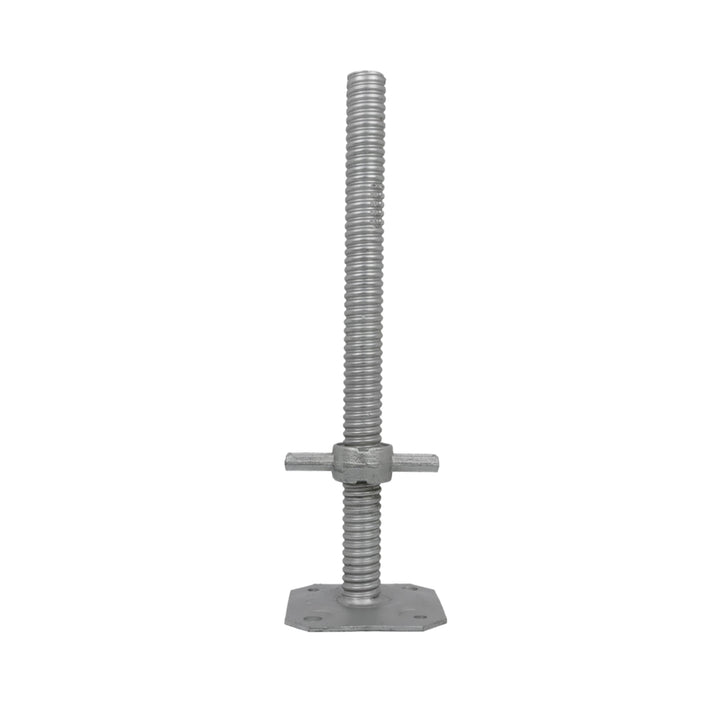 Adjustable scaffolding base jack with threaded rod, base plate and nut for leveling scaffold structures on uneven surfaces.