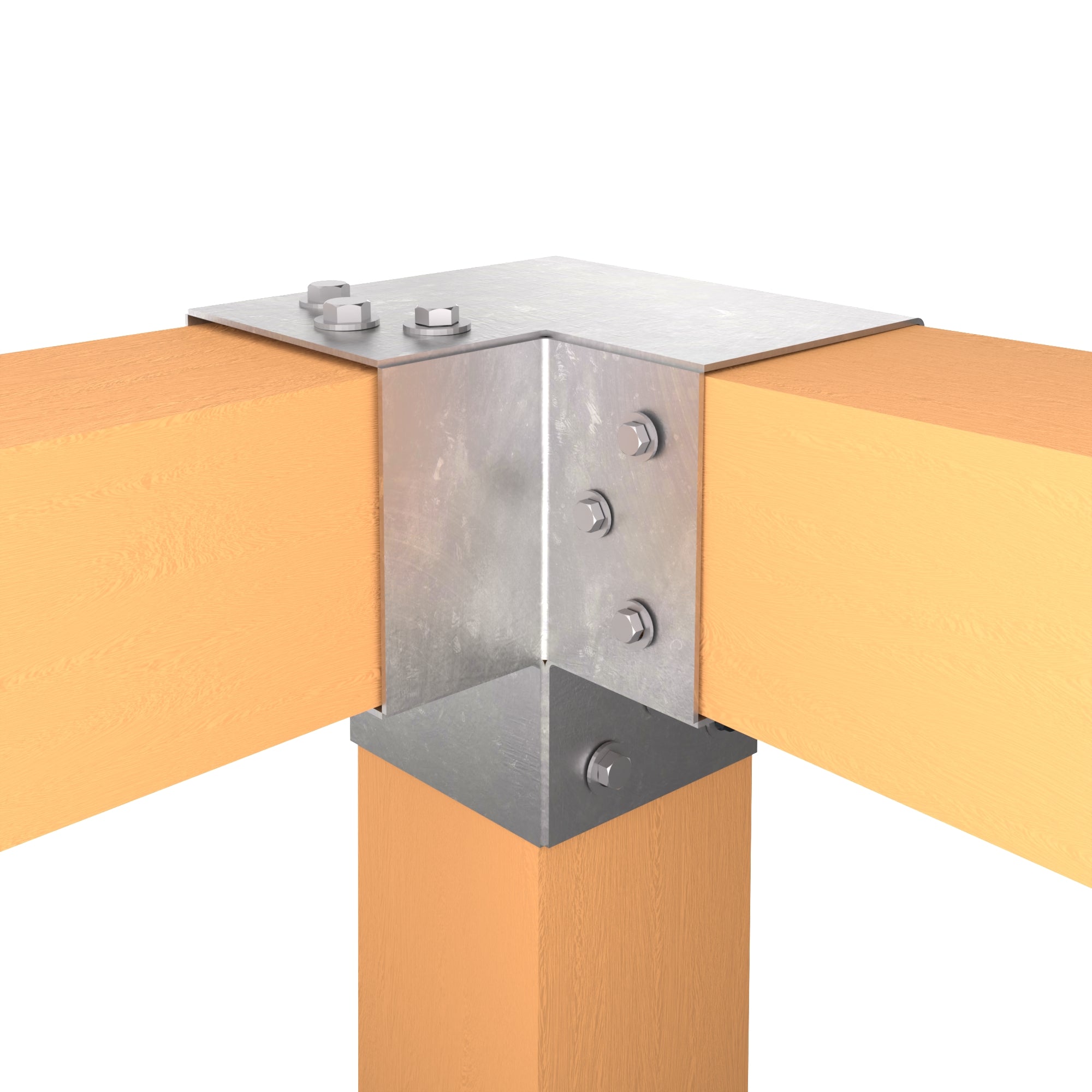 Y shaped metal post connector joining three wooden beams at a right angle.