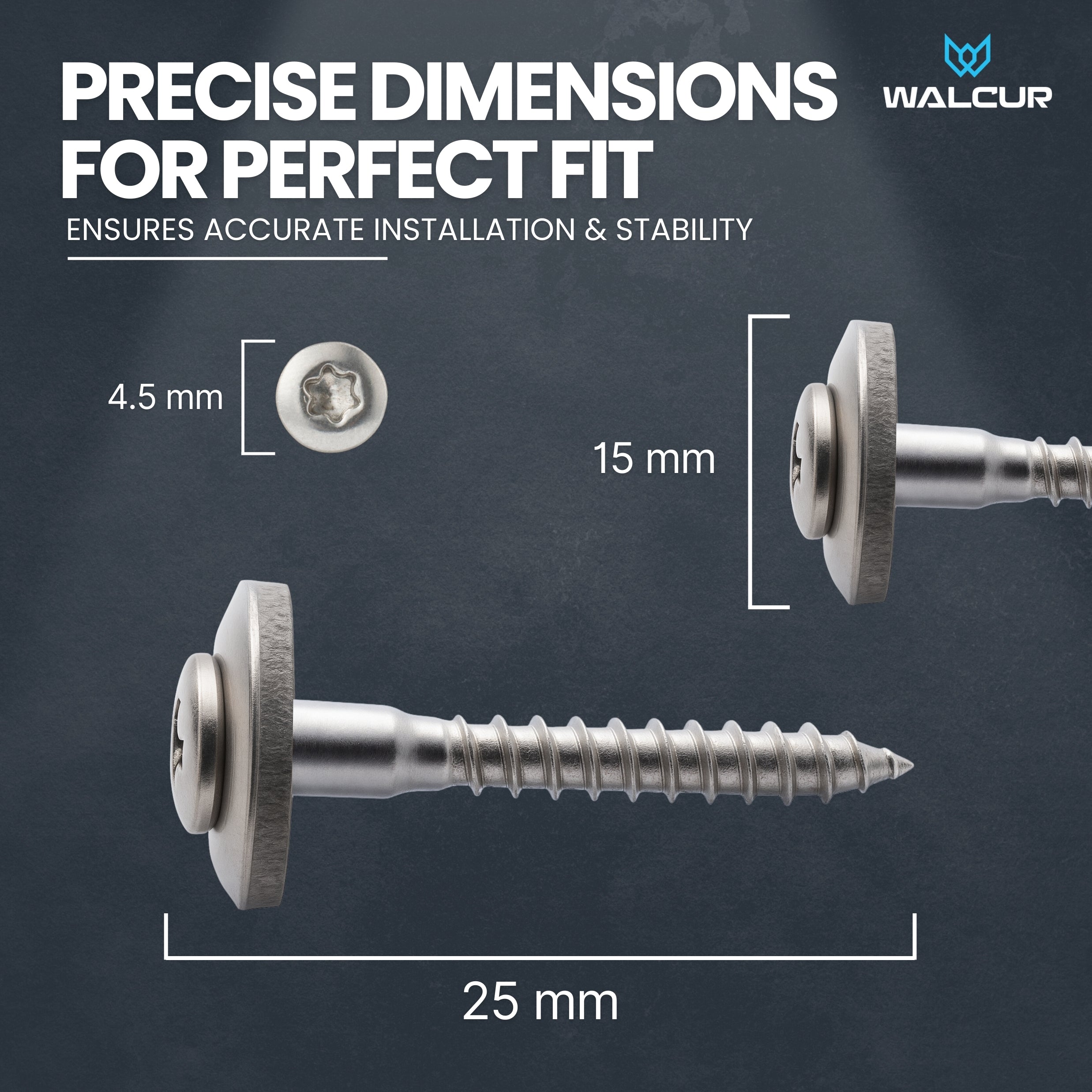 Plumber screw with labeled dimension.