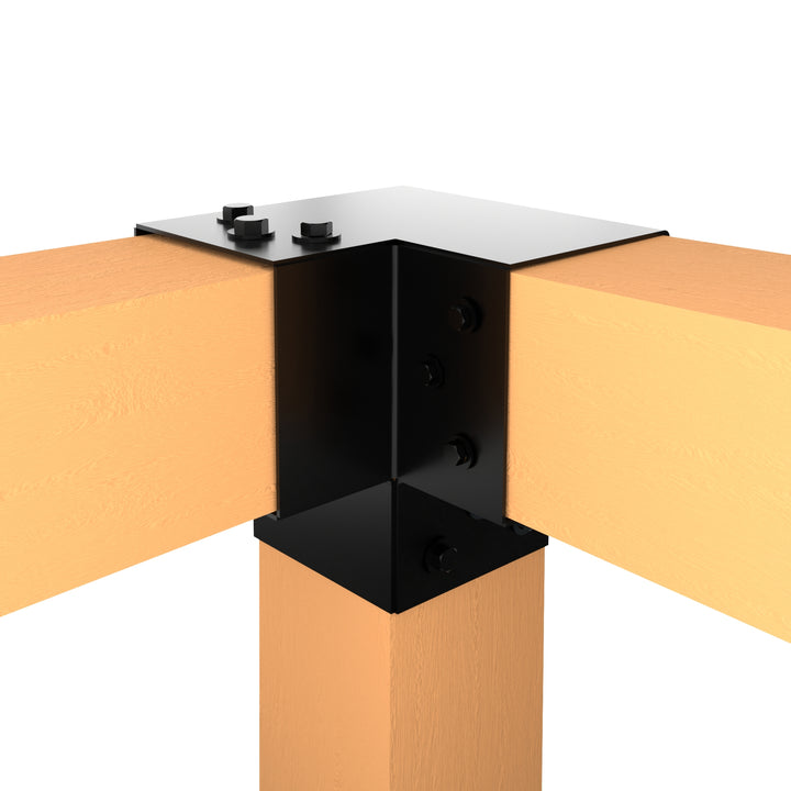 Y shaped metal post connector joining three wooden beams at a right angle.