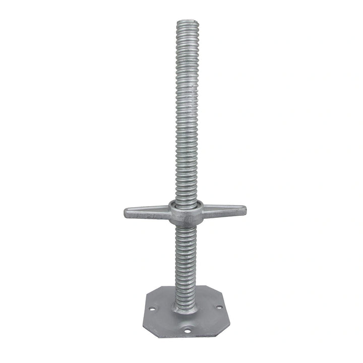 Adjustable scaffolding base jack with threaded rod, base plate and nut for leveling scaffold structures on uneven surfaces.