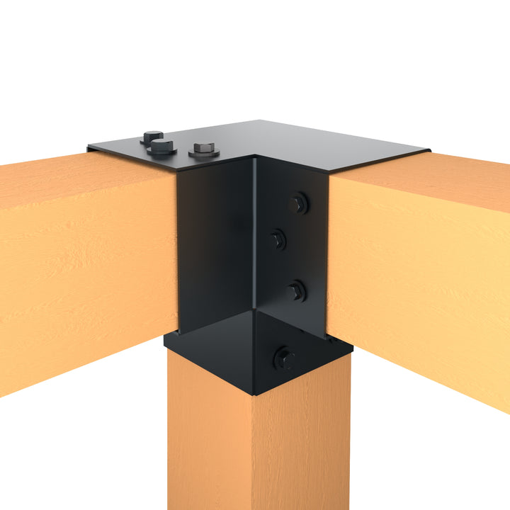 Y shaped metal post connector joining three wooden beams at a right angle.