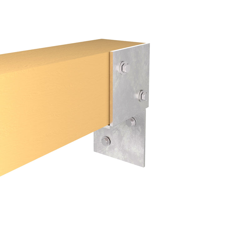 Metal pergola wall bracket attaching a wooden post to a wall.