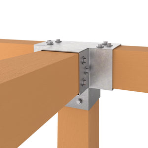 X shaped metal post connector joining four wooden beams at a right angle.