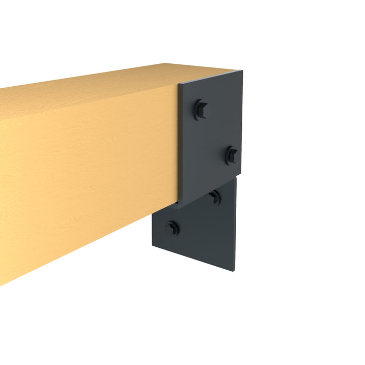 Metal pergola wall bracket attaching a wooden post to a wall.