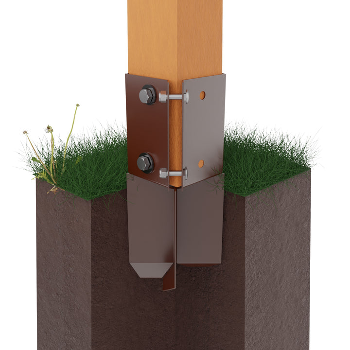 Metpost Concrete in Post Support holding wooden fence post, with metal sleeve buried in ground.