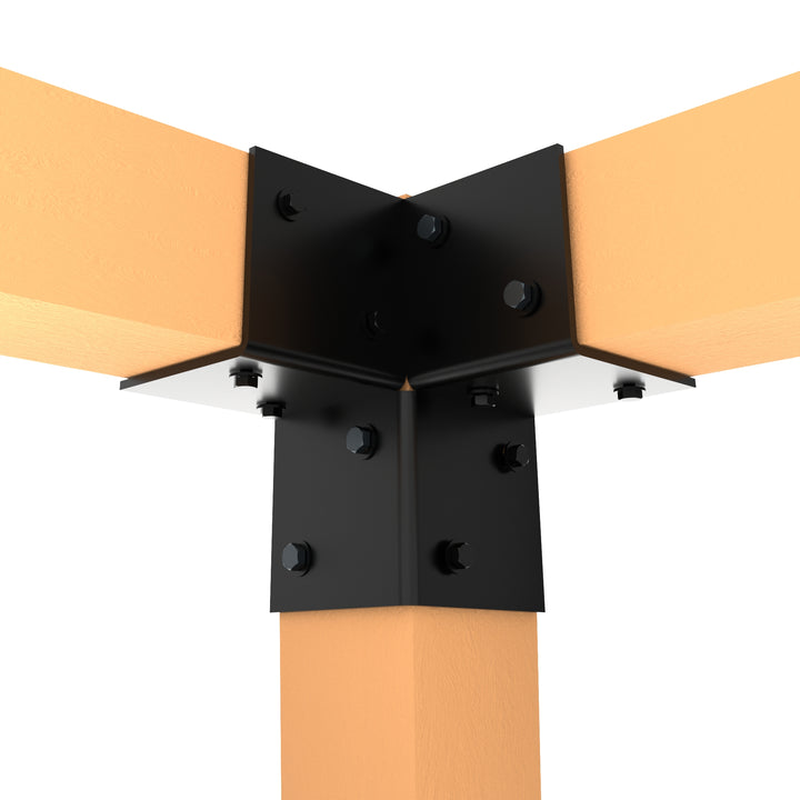 3-way pergola corner bracket connecting three wooden posts together.