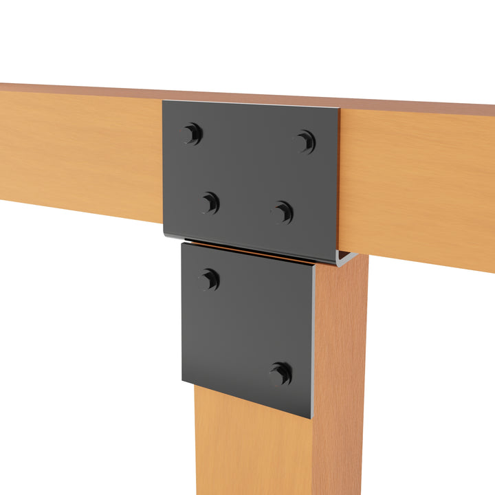 Wood connector T piece joining a horizontal wooden beam to a vertical post.