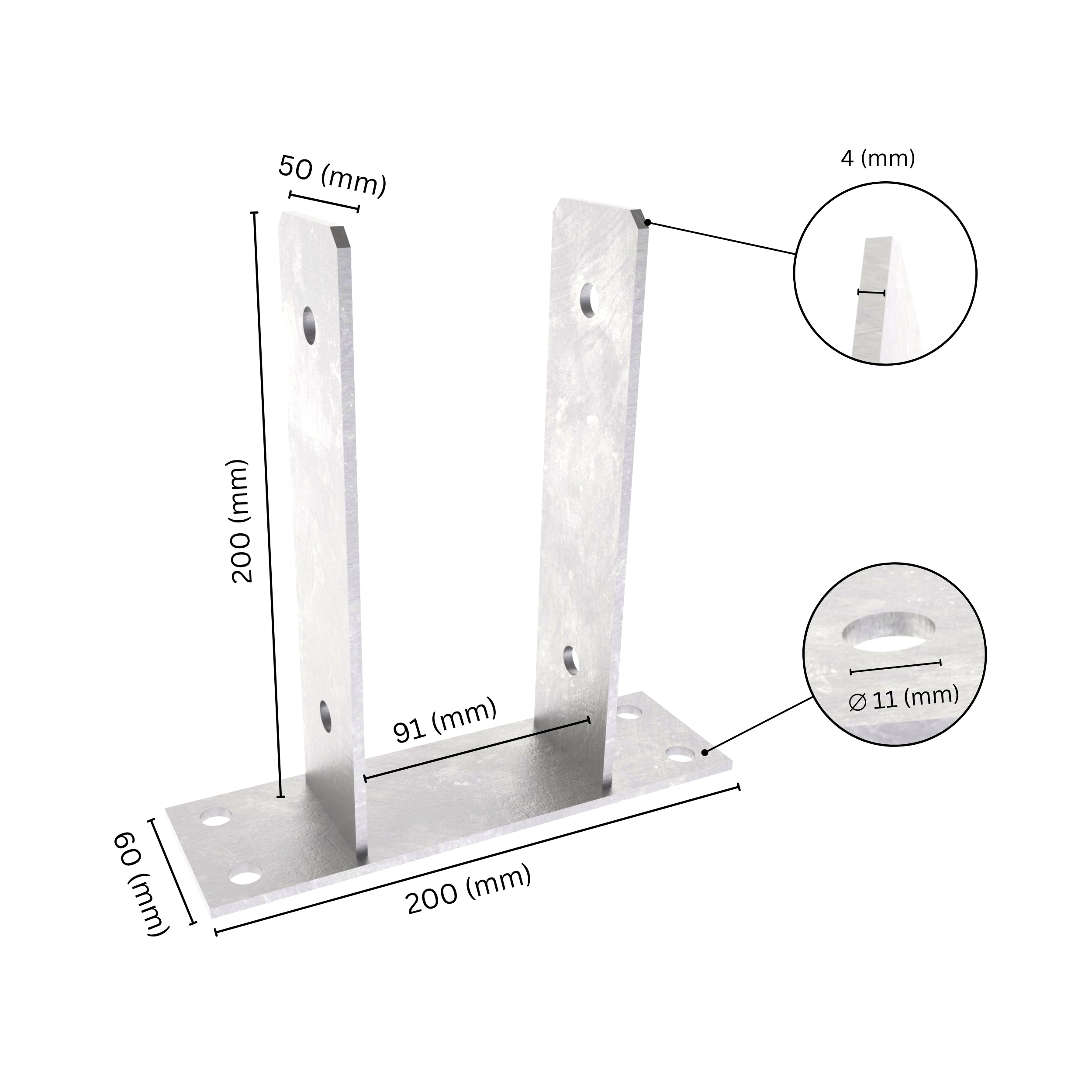 U shape post support bracket with labeled dimensions. 