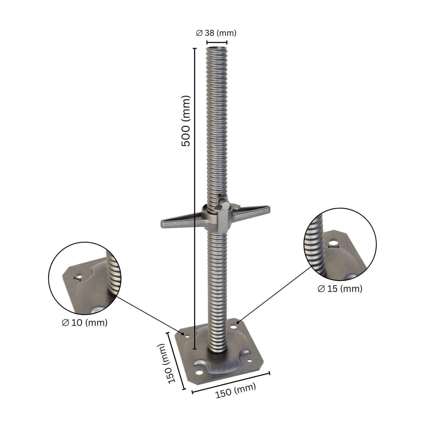 Adj Base Jack 38x500mm with wing screw