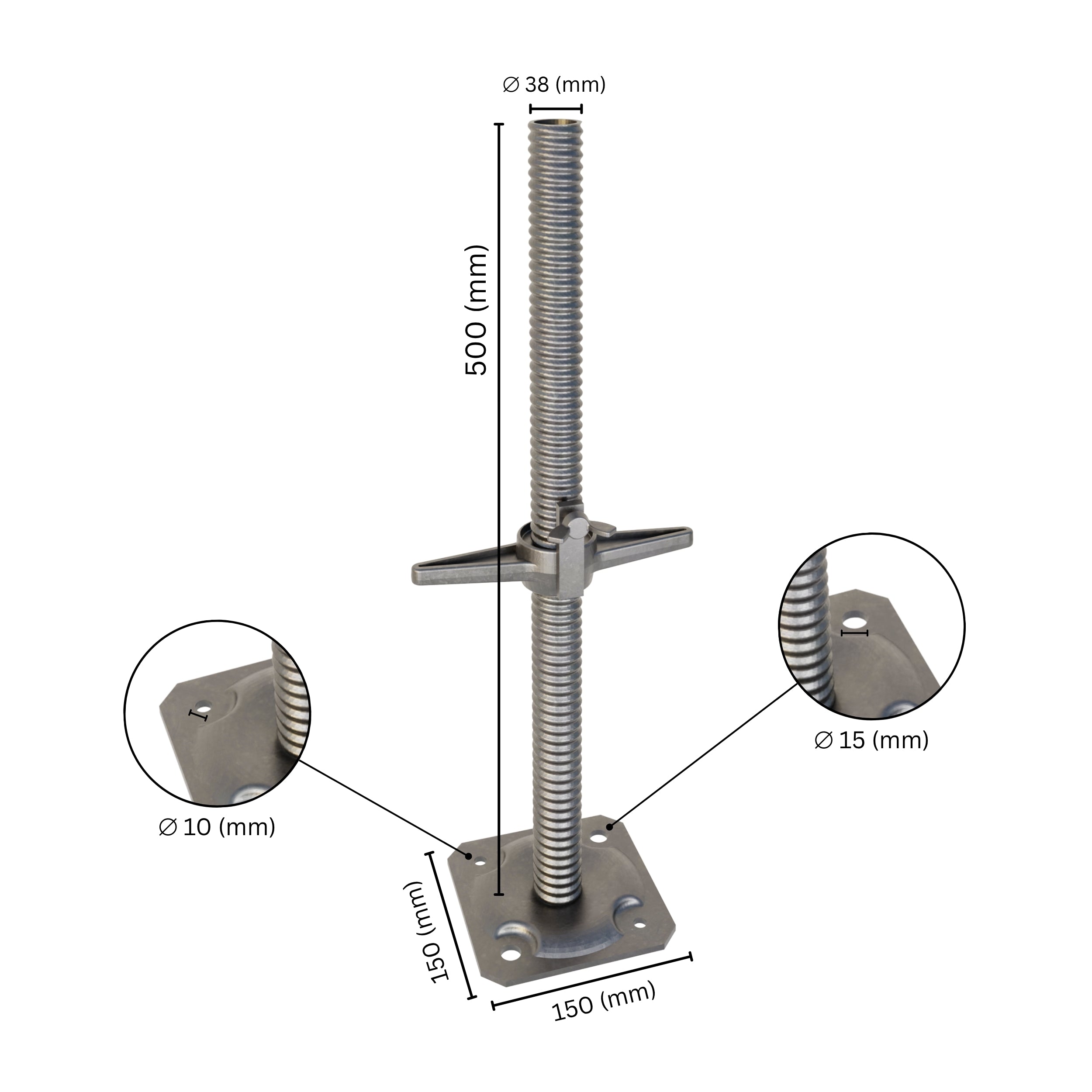 Height-adjustable scaffold base jack with labeled dimensions, showing threaded rod, butterfly wing nut, jack nut and base plate size.