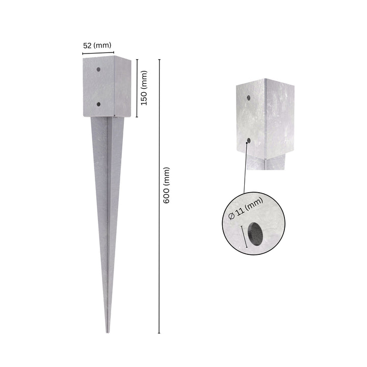 Fence post holder support anchor spike with labeled size and dimensions.
