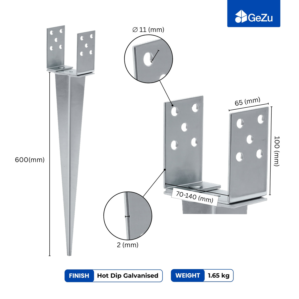 Supporto per palo a punta regolabile 70–140 mm – zincato a caldo