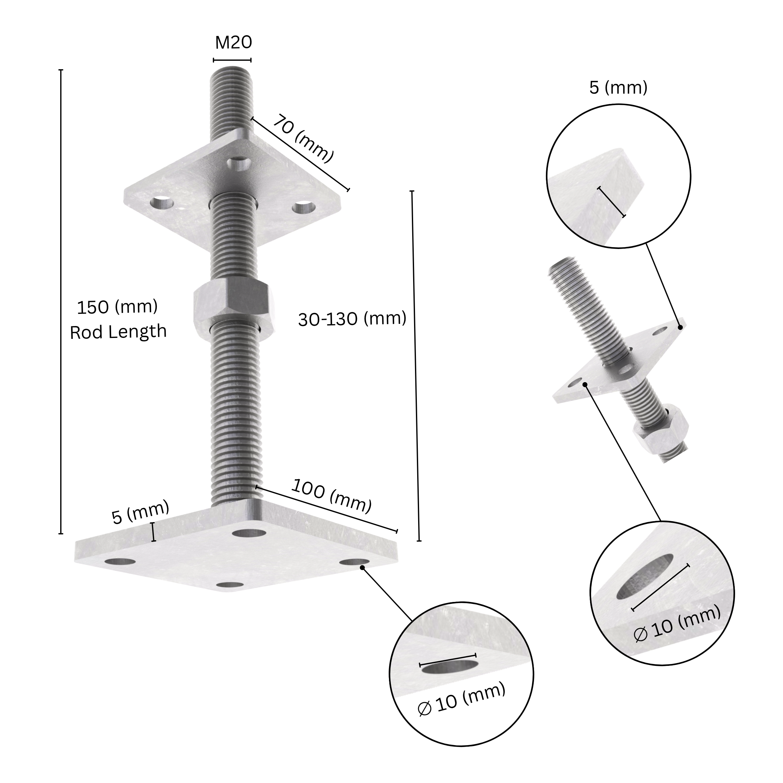 Height-adjustable bolt-down post holder with labeled size and dimensions showing base plate, bolt and adjustment range.