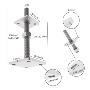 Height-adjustable bolt-down post holder with labeled size and dimensions showing base plate, bolt and adjustment range.