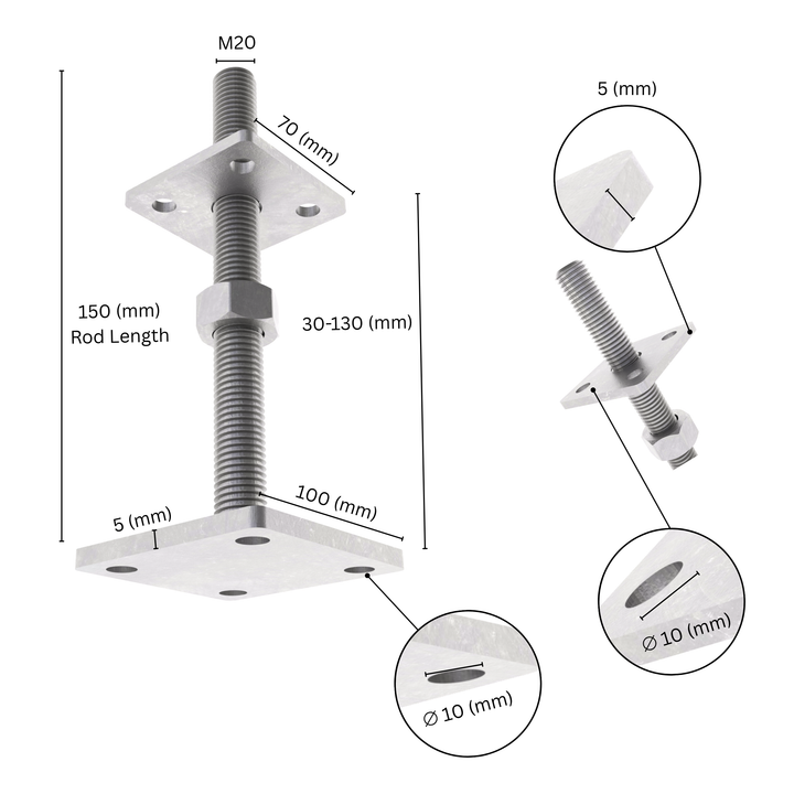 Height-adjustable bolt-down post holder with labeled size and dimensions showing base plate, bolt and adjustment range.