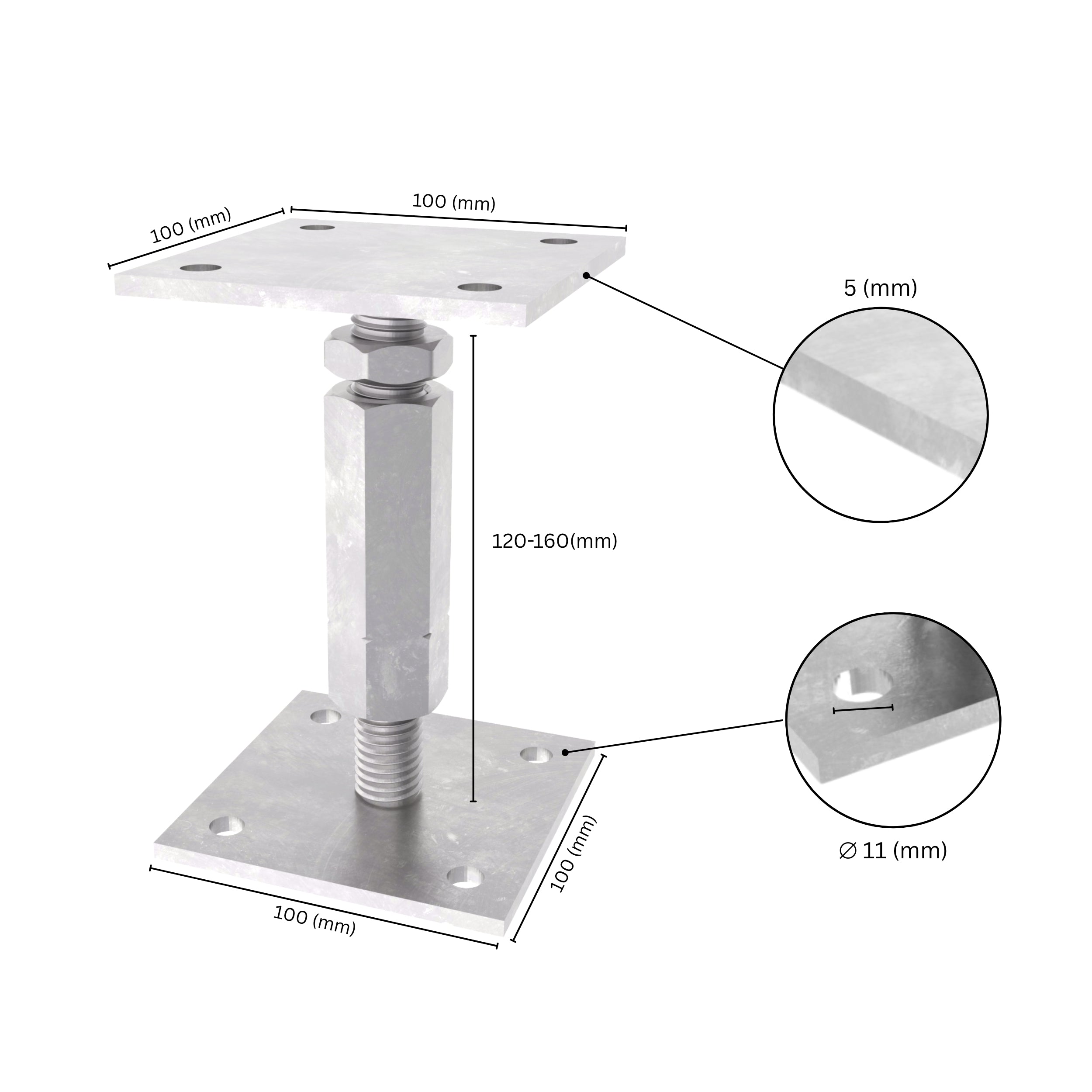 Adjustable elevated post base with labeled size dimensions, showing base plate, long nut, bolt and adjustment range.
