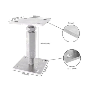 Adjustable elevated post base with labeled size dimensions, showing base plate, long nut, bolt and adjustment range.