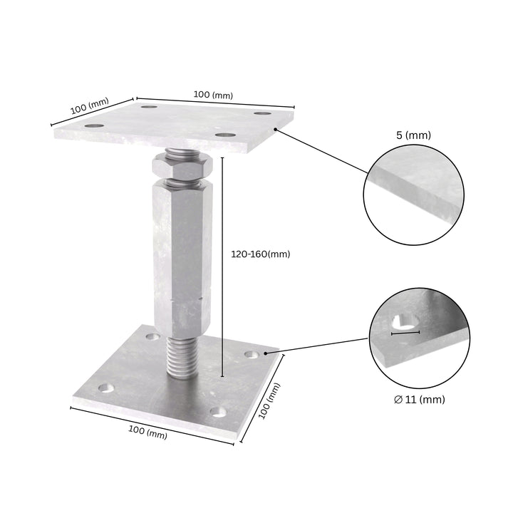 Adjustable elevated post base with labeled size dimensions, showing base plate, long nut, bolt and adjustment range.