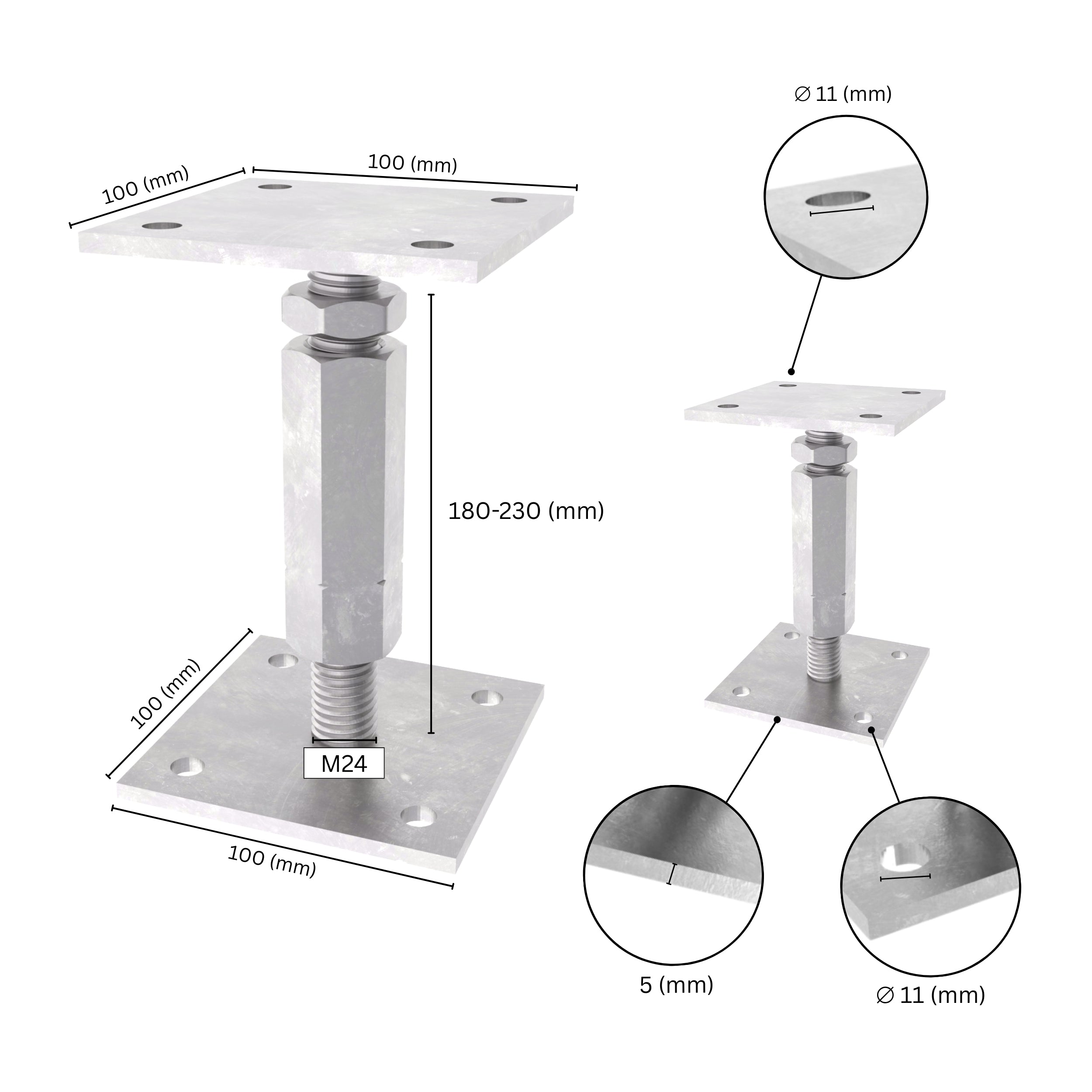 Adjustable elevated post base with labeled size dimensions, showing base plate, long nut, bolt and adjustment range.