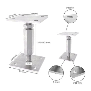 Adjustable elevated post base with labeled size dimensions, showing base plate, long nut, bolt and adjustment range.