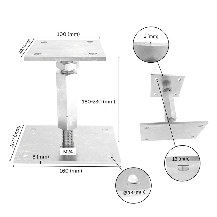 Adjustable elevated post base with labeled dimensions, showing base plate size, long nut, bolt and adjustment range.