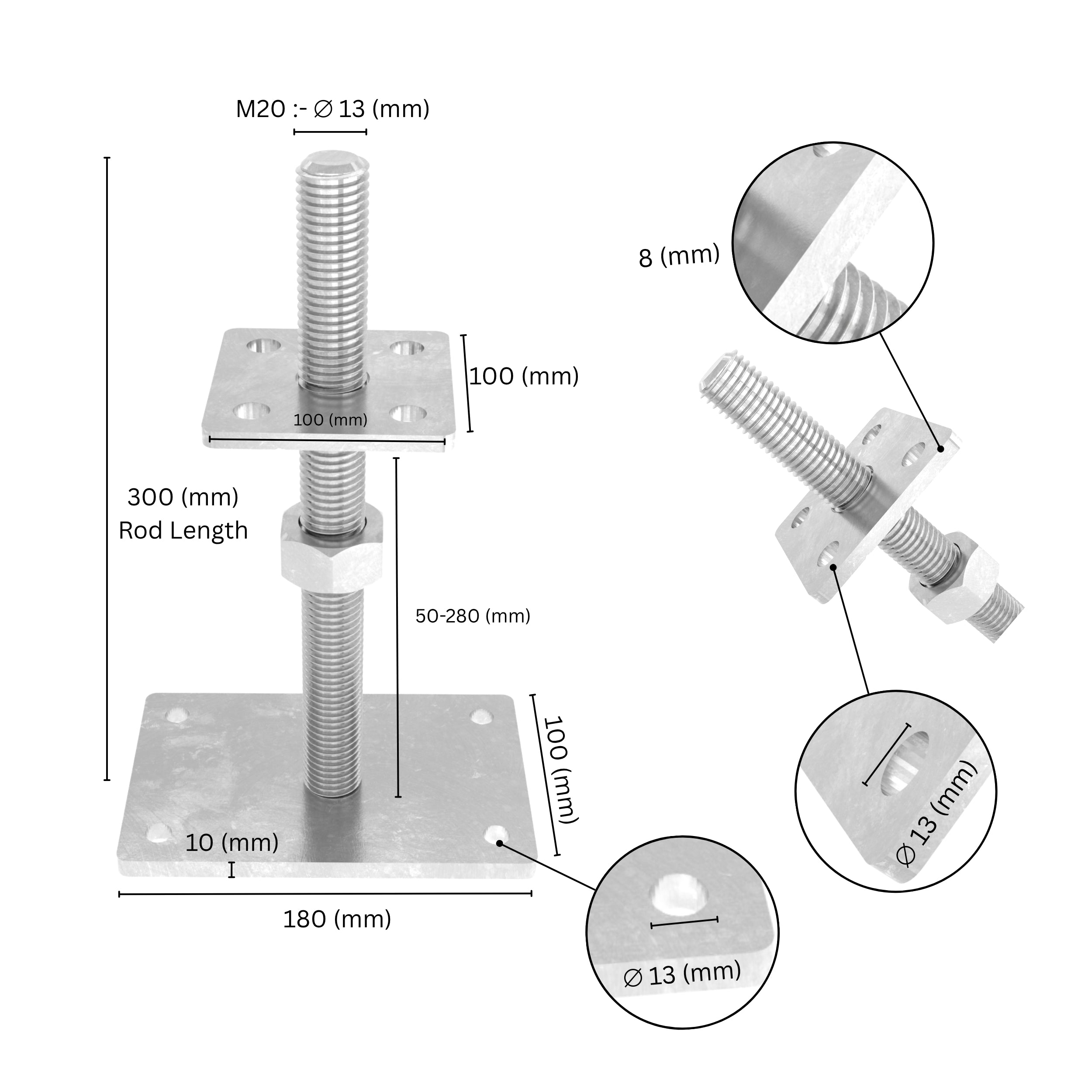 Height-adjustable bolt-down post holder with labeled size and dimensions showing base plate, bolt and adjustment range.