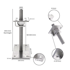 Bolt down height adjustable post support with hook labeled size dimensions.