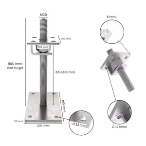 Bolt down height adjustable post support with hook labeled size dimensions.