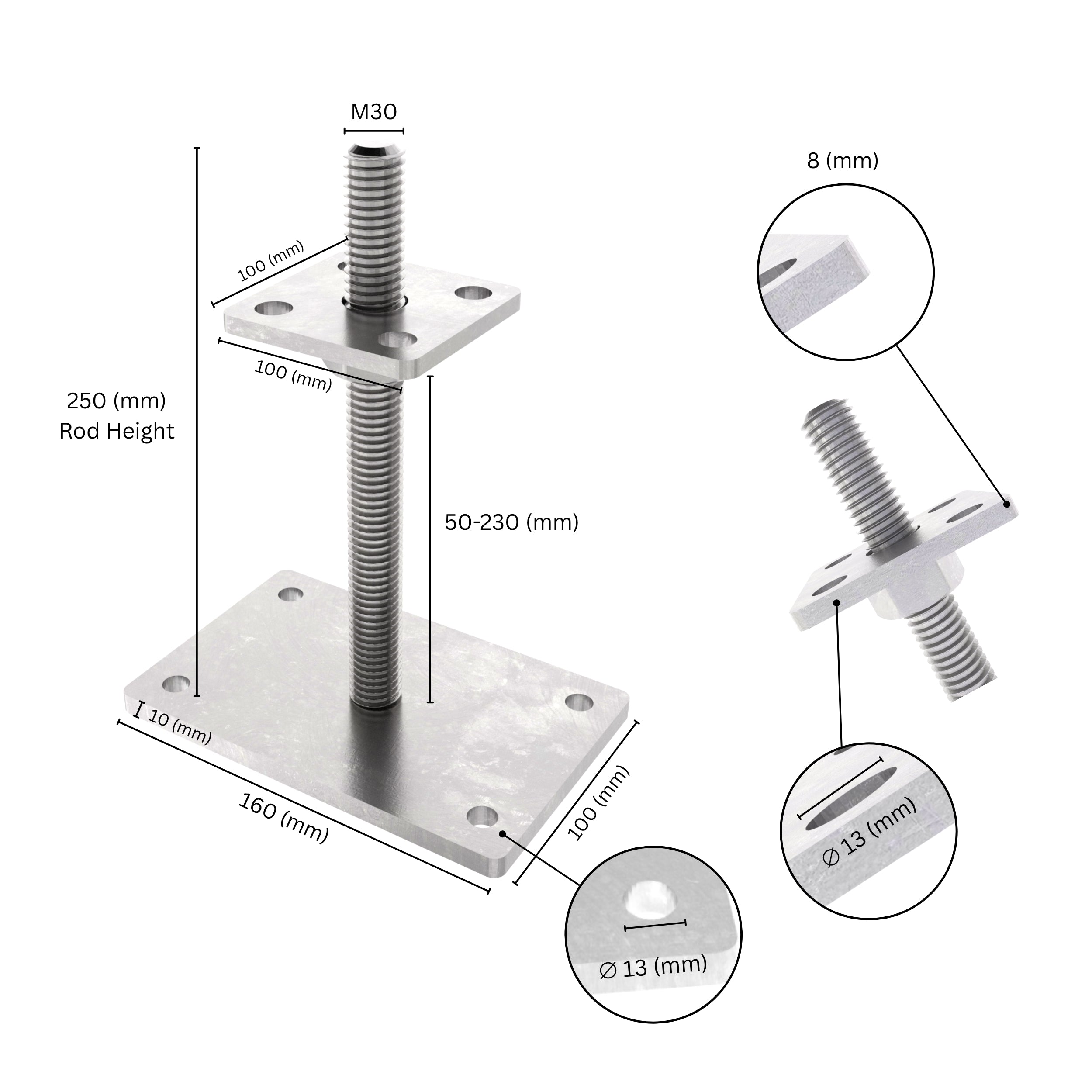 Bolt down height adjustable post support with labeled size dimensions, showing base plate, bolt and adjustment range.