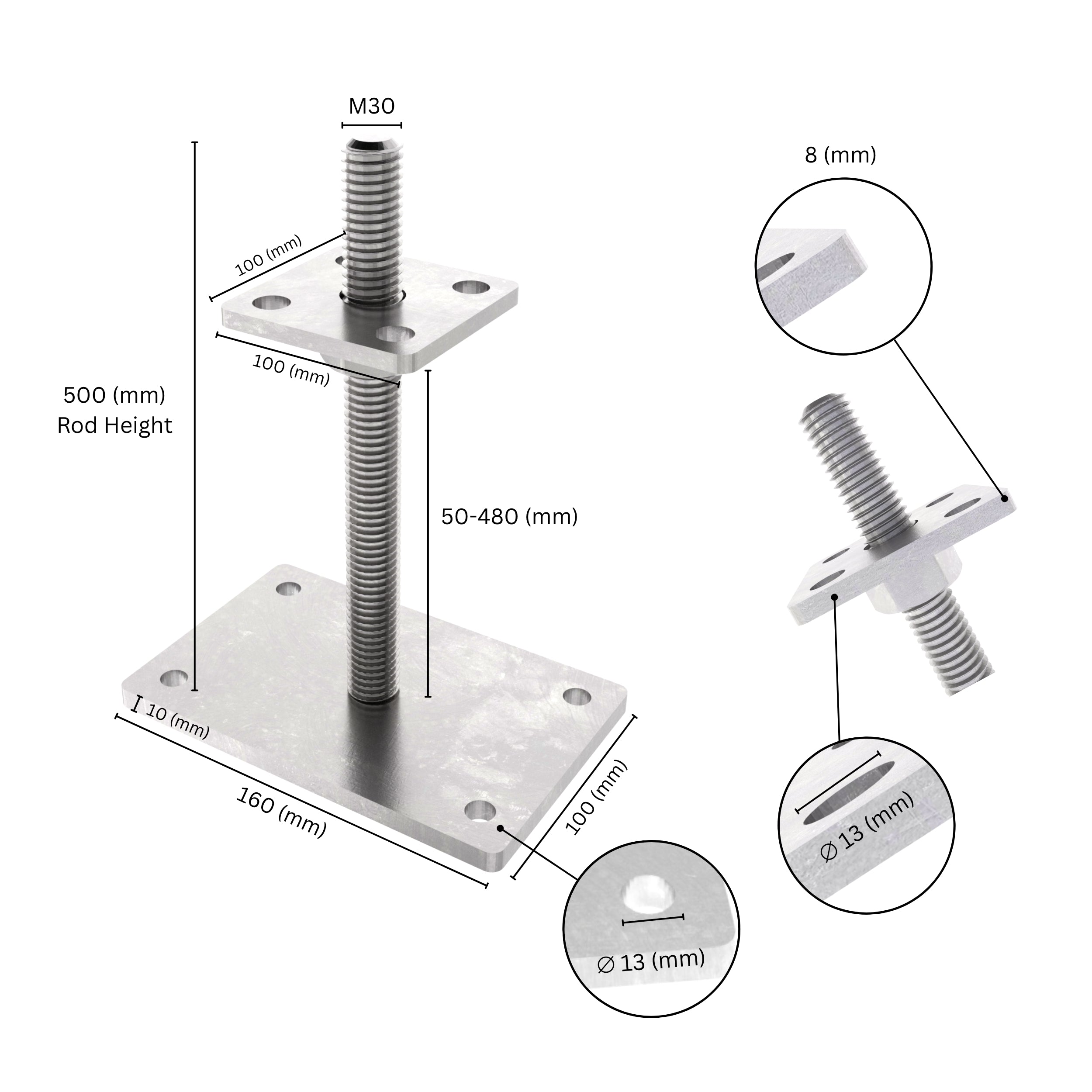Bolt down height adjustable post support with labeled size dimensions, showing base plate, bolt and adjustment range.