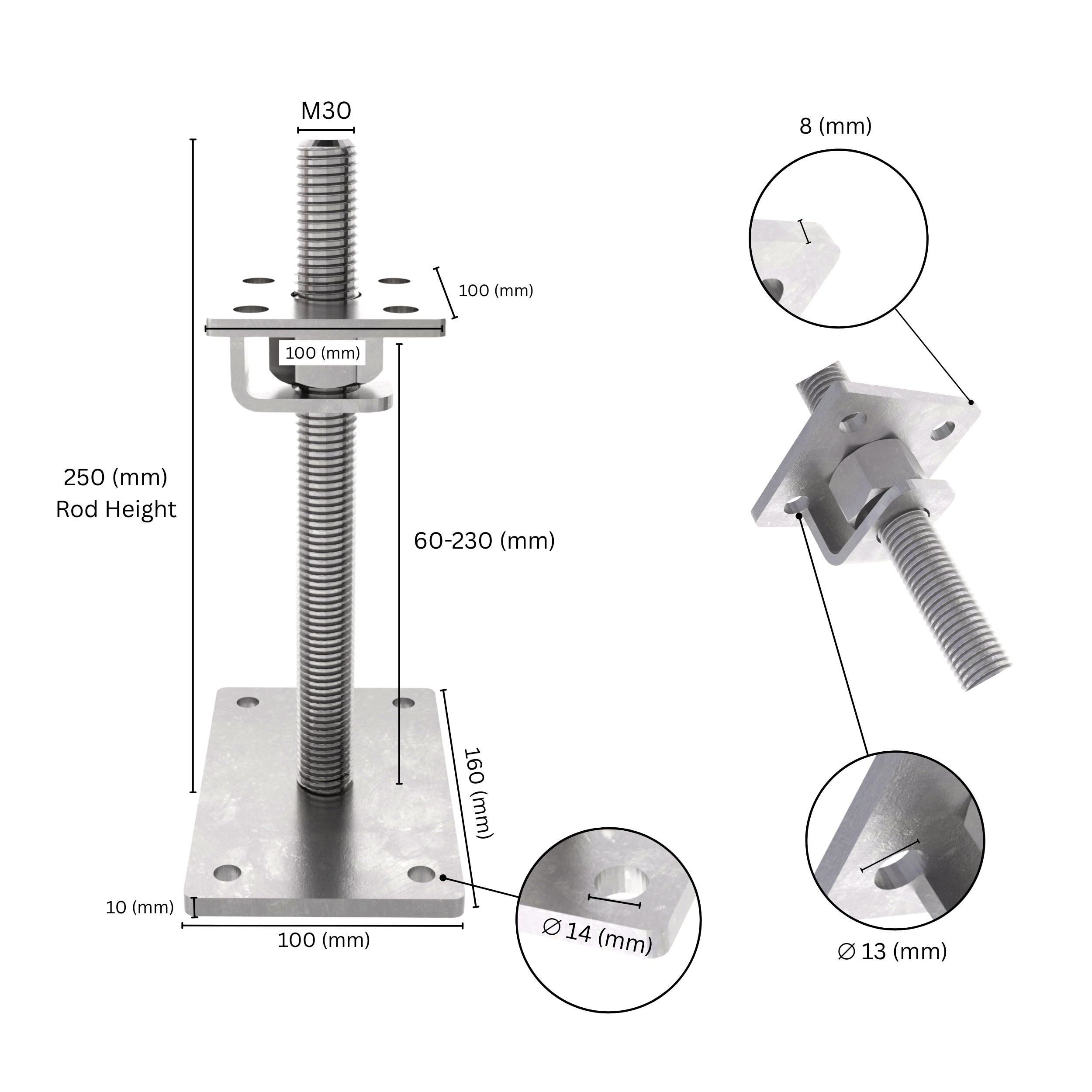 Bolt down height adjustable post support with hook labeled size dimensions.