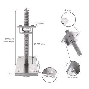 Bolt down height adjustable post support with hook labeled size dimensions.