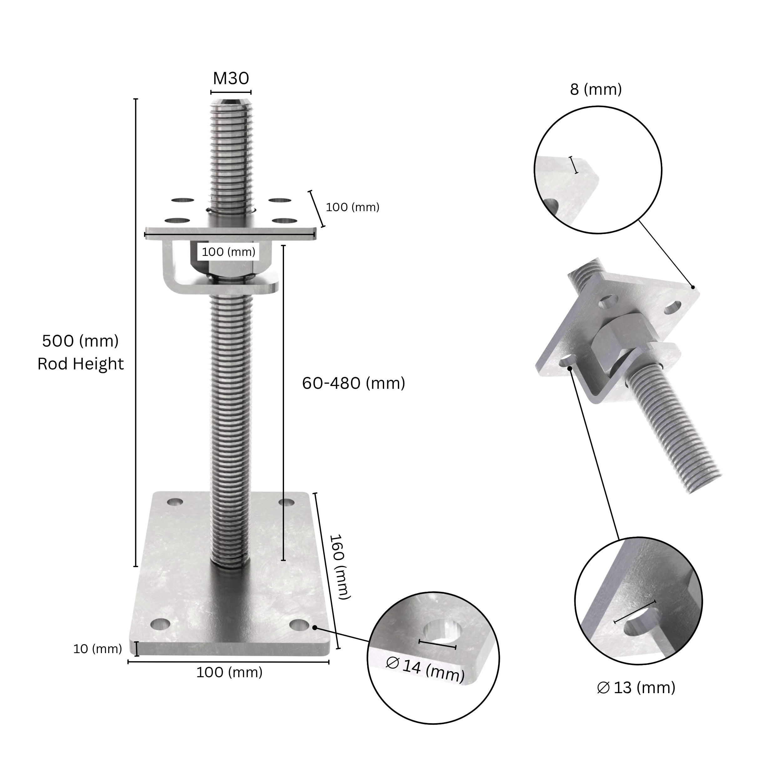 Bolt down height adjustable post support with hook labeled size dimensions.