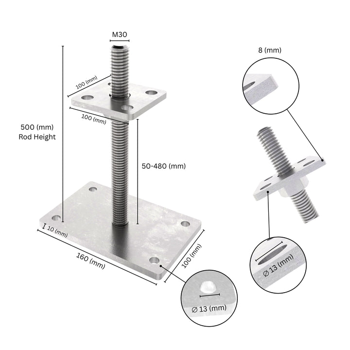 Bolt down height adjustable post support with labeled size dimensions, showing base plate, bolt and adjustment range.