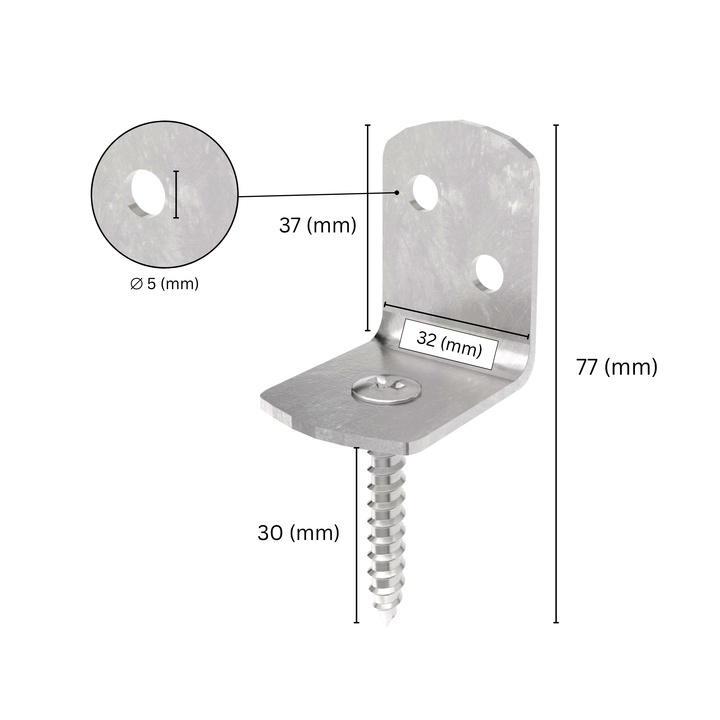 Wattle fence bracket L shaped with labeled size dimensions.