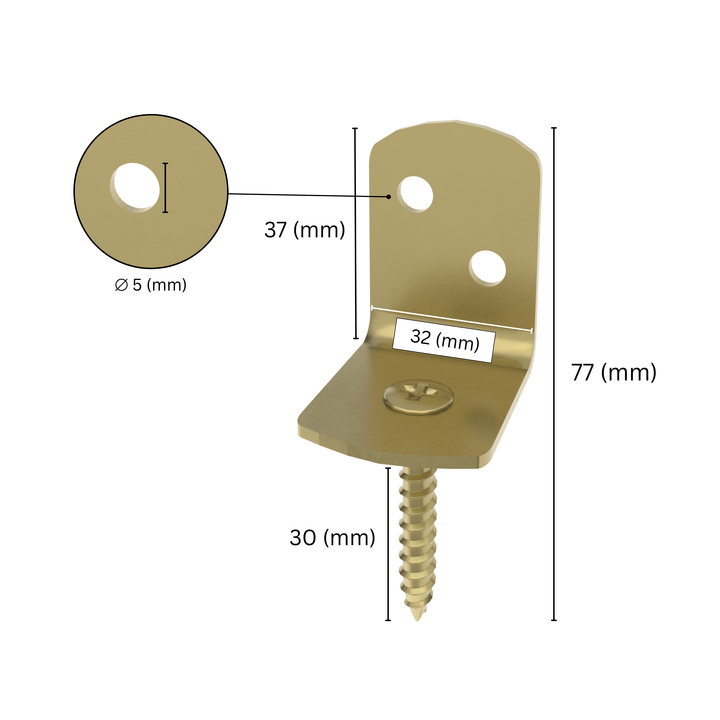 Wattle fence bracket L shaped yellow galvanised with labeled size dimensions.