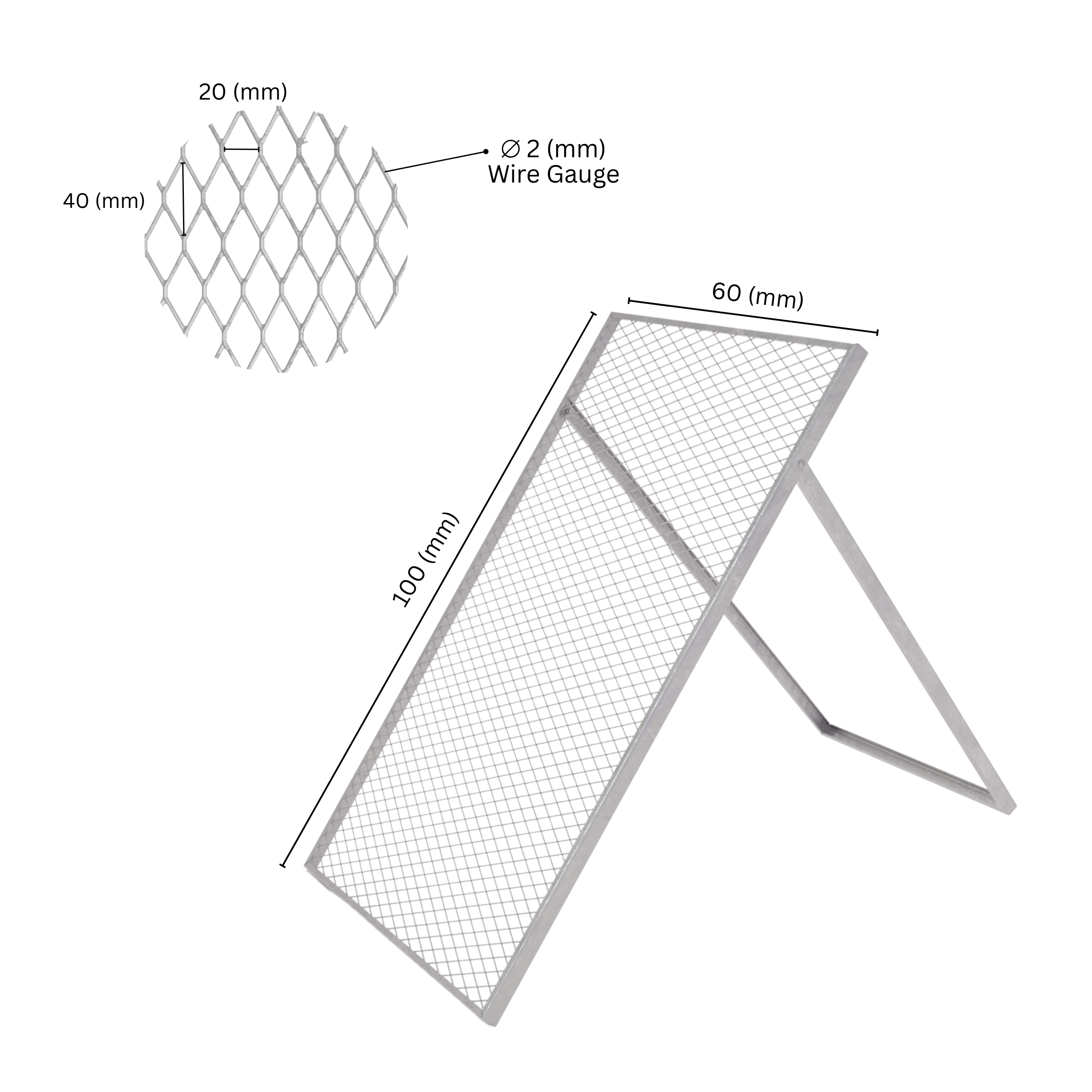 Compost sieve showing labeled dimensions.