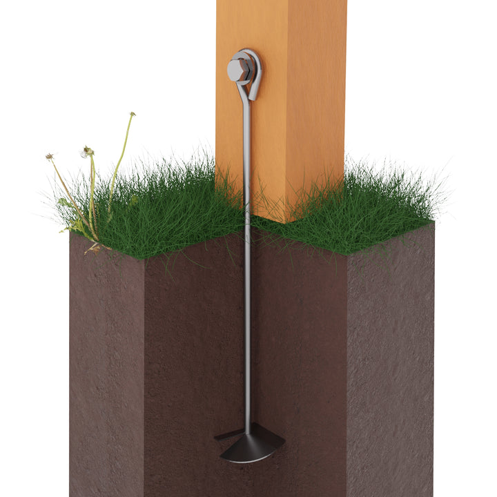 Ground anchor installation, showing metal rod with a helical plate inserted into ground, connected to wooden post via loop.